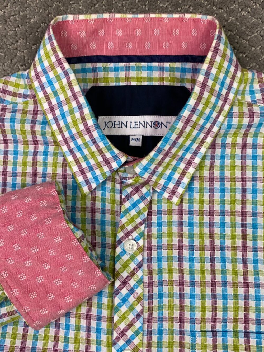 John Lennon Button Down Shirt Mens Medium White Blue Red Geometric Textured